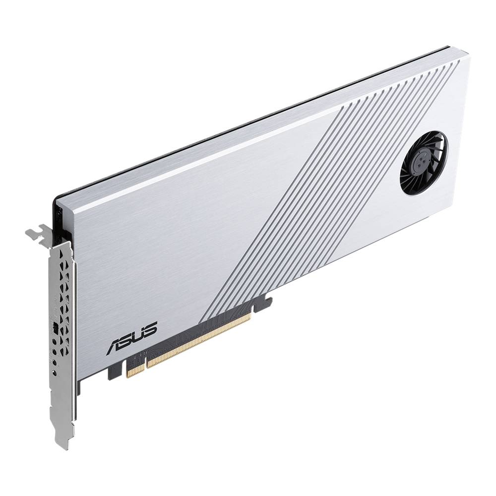 Srebrna grafična kartica ASUS z ventilatorjem in priključkom PCIe, pogled s strani.