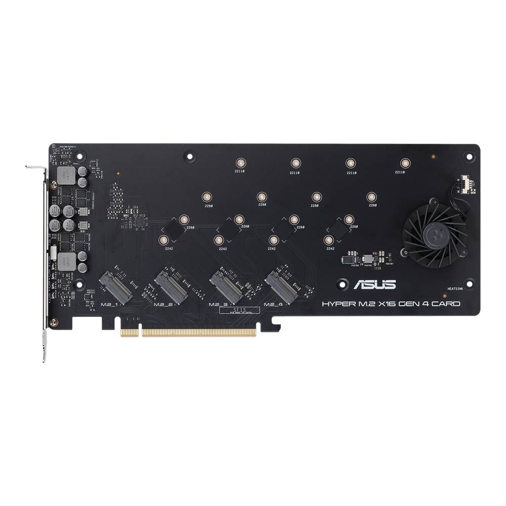 Črna ASUS Hyper M.2 X16 Gen4 kartica s štirimi režami za M.2 SSD-je in majhnim ventilatorjem na desni strani.