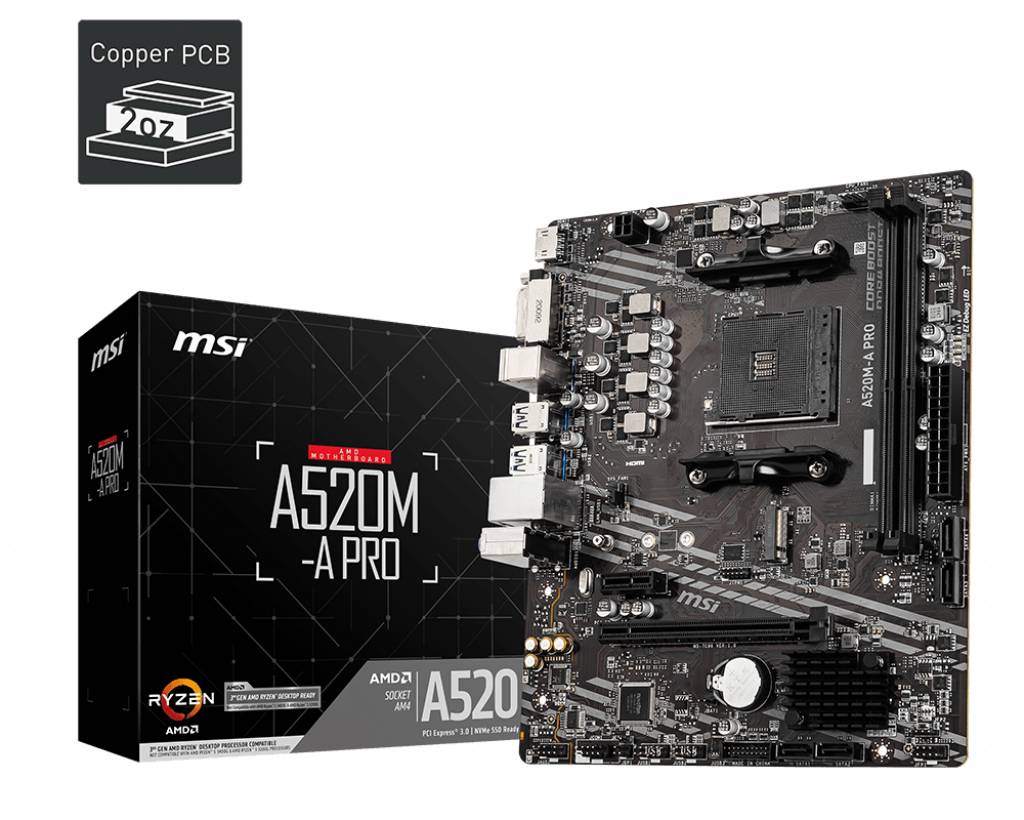 MSI A520M-A PRO matična plošča Podnožje (PC) AMD AM4 Faktor oblike (podrobnosti) Micro-ATX Matična plošča-nabor čipov AM-5