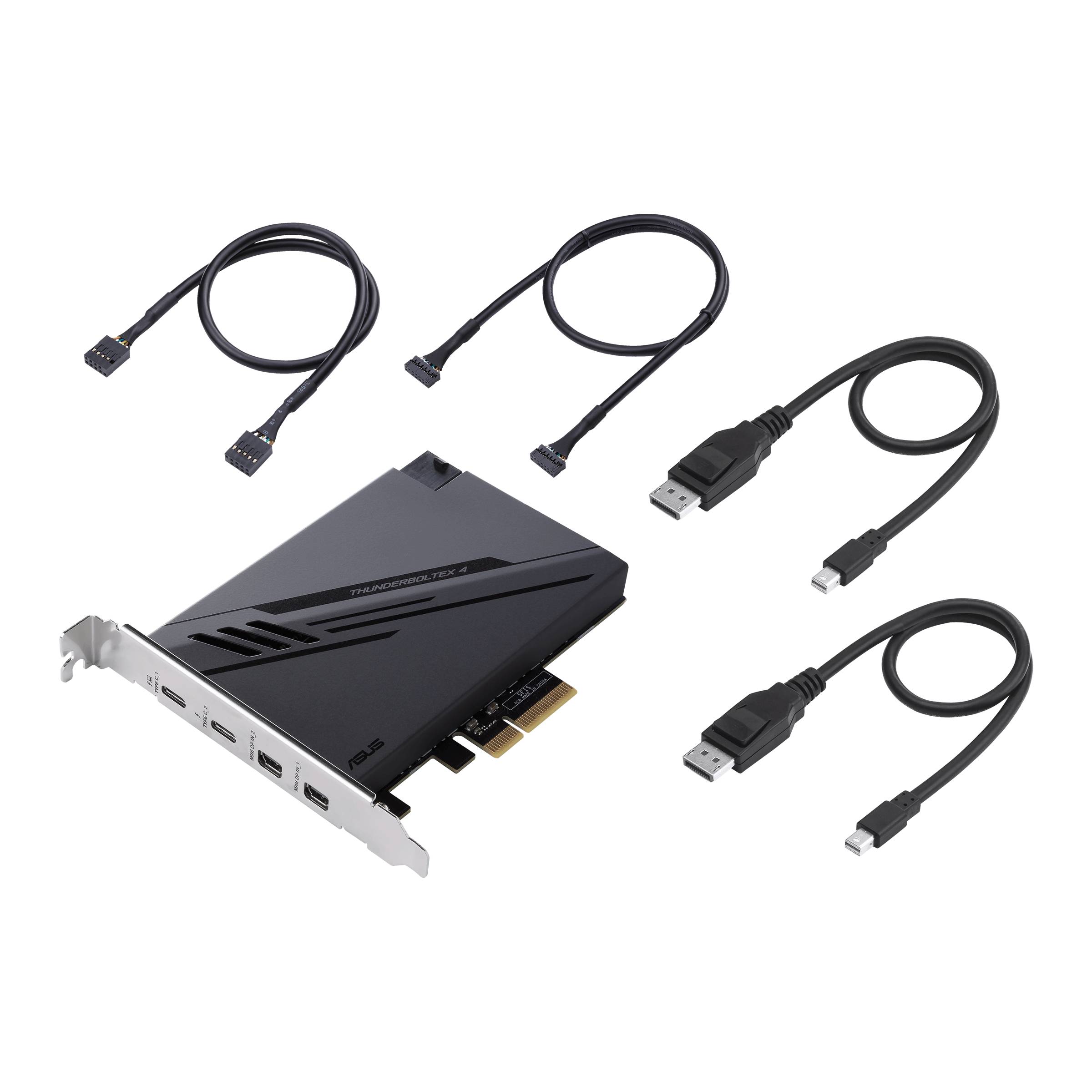 Prikazana je PCIe kartica s štirimi vrati skupaj z dvema USB kabloma in dvema kabloma za notranjo povezavo.