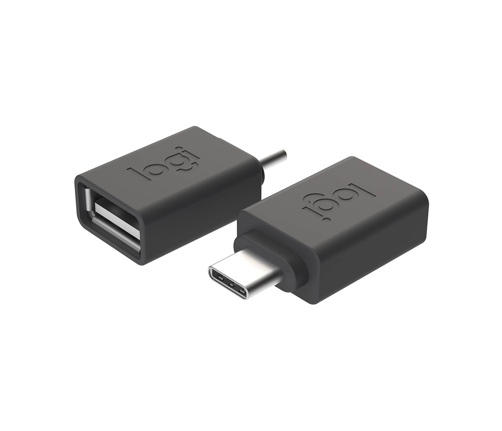 Dva adapterja: levo USB-A vtičnica v USB-C vtič, desno USB-C vtičnica v USB-C vtič, oba črna z logotipom.