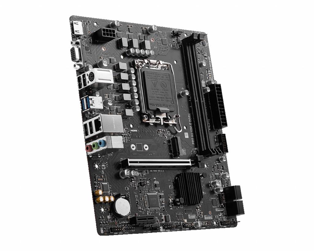 Računalniška matična plošča z več režami in priključki, vključno z USB, HDMI in avdio priključki. Glavna plošča s črnim dizajnom in vidnimi elektronskimi vezji.