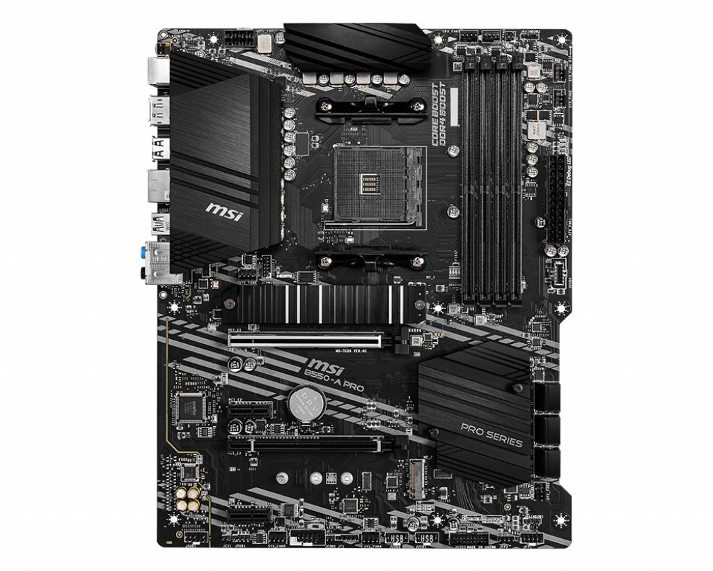 Plošča MSI Pro Series Mainboard X570-A Pro. Črna tiskana plošča s srebrnimi detajli, različnimi priključki in dvema memory režama.
