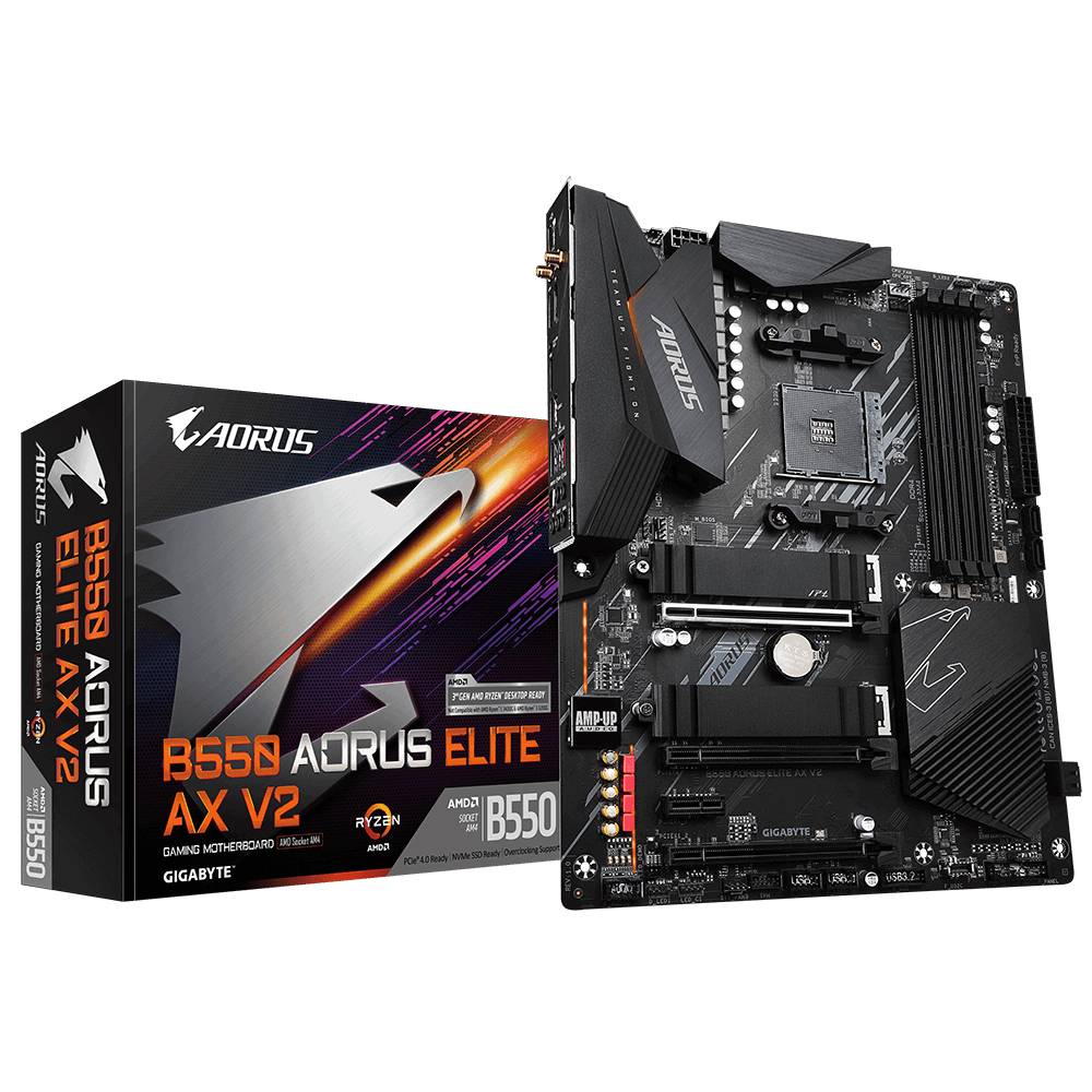 Matična plošča Gigabyte B550 AORUS Elite AX V2 z embalažo. Format ATX, nabor vezij AMD B550, podpira procesorje Ryzen.