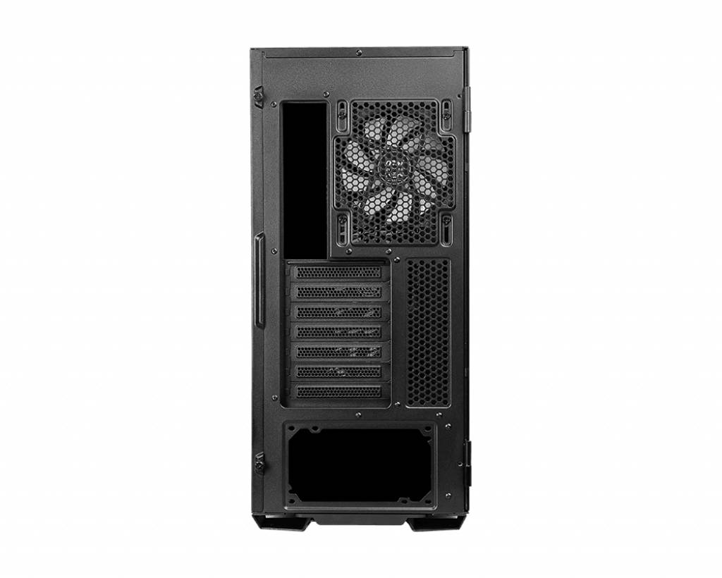 Črno ohišje računalnika od zadaj z vidnim ventilatorjem zgoraj in več režami za razširitvene kartice spodaj.