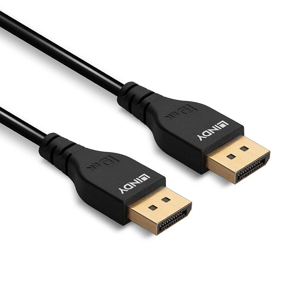 Dva črna DisplayPort kabla s pozlačenimi priključki, ležita vzporedno drug ob drugem na beli podlagi.