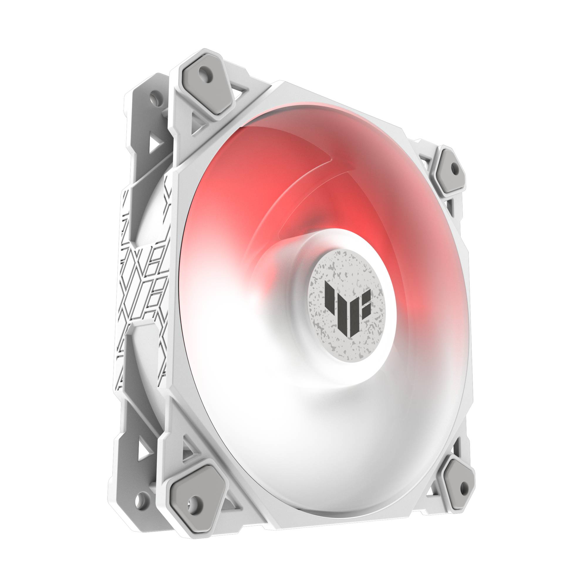 Bel računalniški ventilator z rdečimi LED lučmi. Na sredini nosi blagovno znamko.