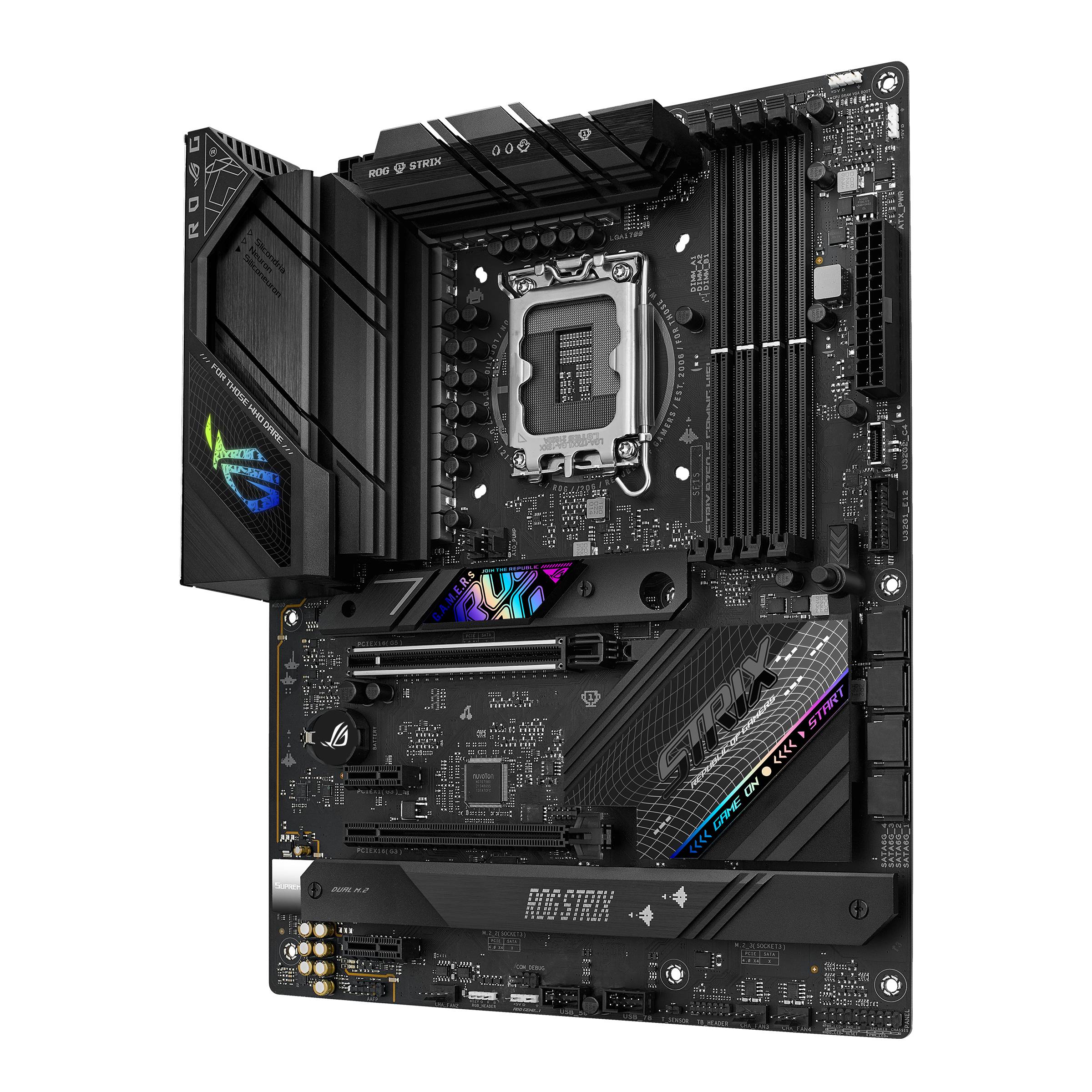 Gaming matična plošča z več režami za RAM, PCIe priključki in priključki. Opremljena z RGB osvetlitvijo in modernim dizajnom.