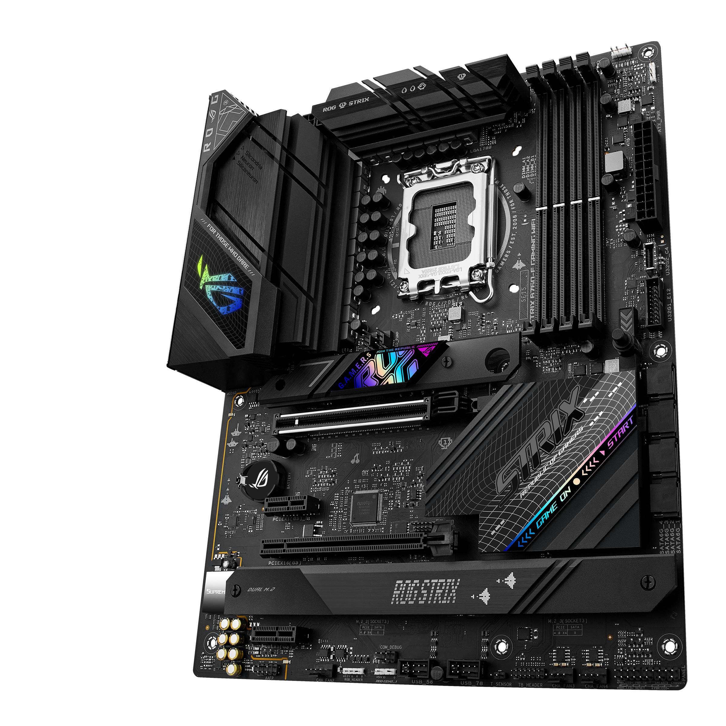 Gaming matična plošča z 12-pinskim CPU vtorom, štirimi reže za RAM, več PCIe priključki in RGB osvetlitvijo, primerna za zmogljive računalnike.