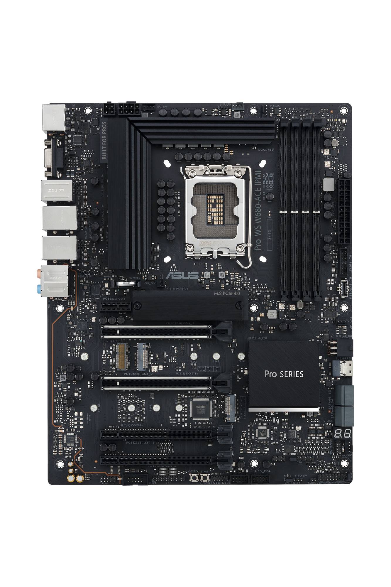 Na sliki je prikazana glavna plošča (matična plošča) Pro serije z razpoznavnimi režami za RAM in vmesniki PCIe.