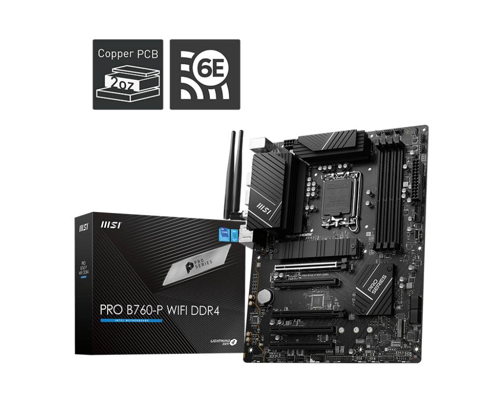 MSI PRO B760-P WIFI DDR4 matična plošča z Wi-Fi 6E in 2-uncinim bakrovim PCB, prikazana poleg embalaže.