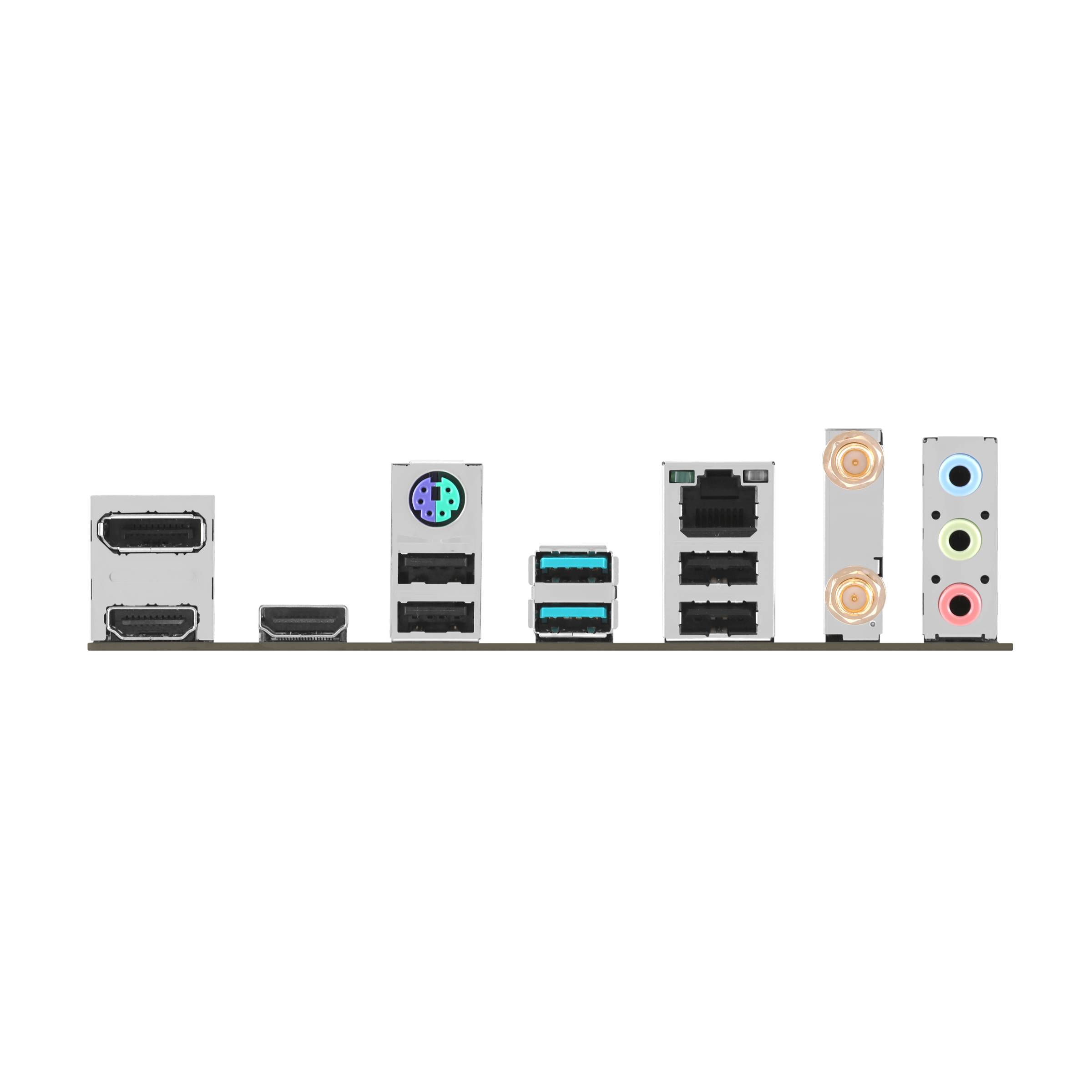 Zadnja stran računalniškega matičnega sistema z različnimi priključki, kot so HDMI, USB, Ethernet in avdio priključki.