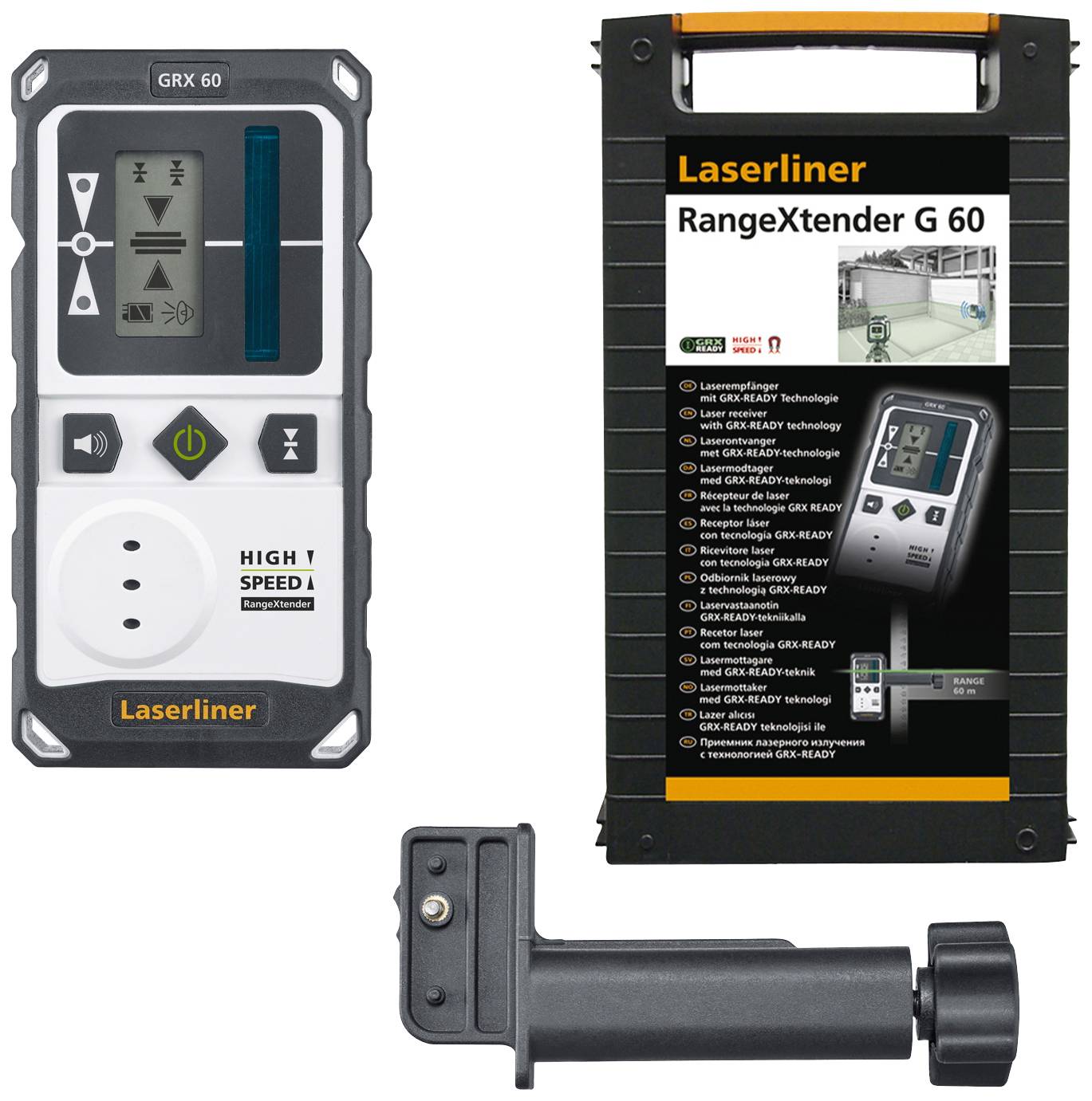 Laserski podaljševalnik Laserliner RangeXtender G 60 z embalažo in dodatno opremo. Namenjen je povečanju dosega laserskega žarka. Glavna lastnost: visoka hitrost.