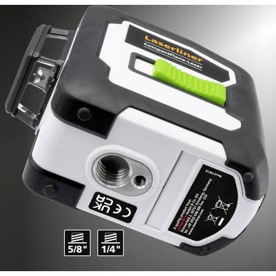 'Laserliner CompactPlane-Laser' na sivi podlagi. Naprava v črno-beli barvi z zelenim stikalom. Besedilo spodaj: '5/8"' in '1/4"'.