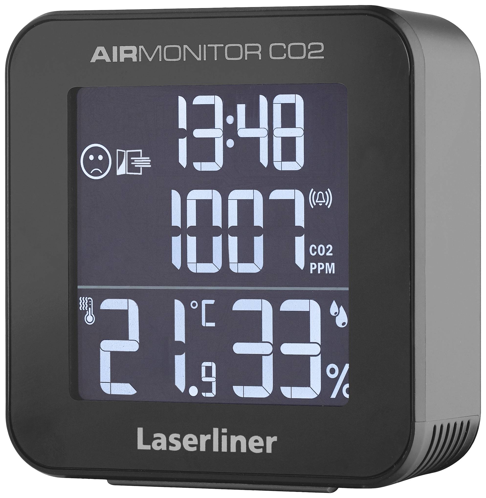 Digitalni CO2 monitor z prikazom časa (13:48), koncentracije CO2 (1007 ppm), temperature (21°C) in vlažnosti zraka (33%).