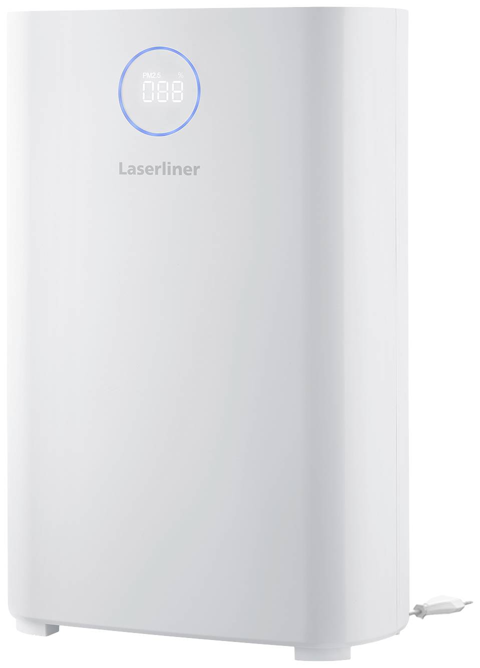 Bel čistilec zraka znamke Laserliner z digitalnim zaslonom na vrhu, ki prikazuje 'PM 2.5', s črnim arabskim napajalni kablom spodaj desno.