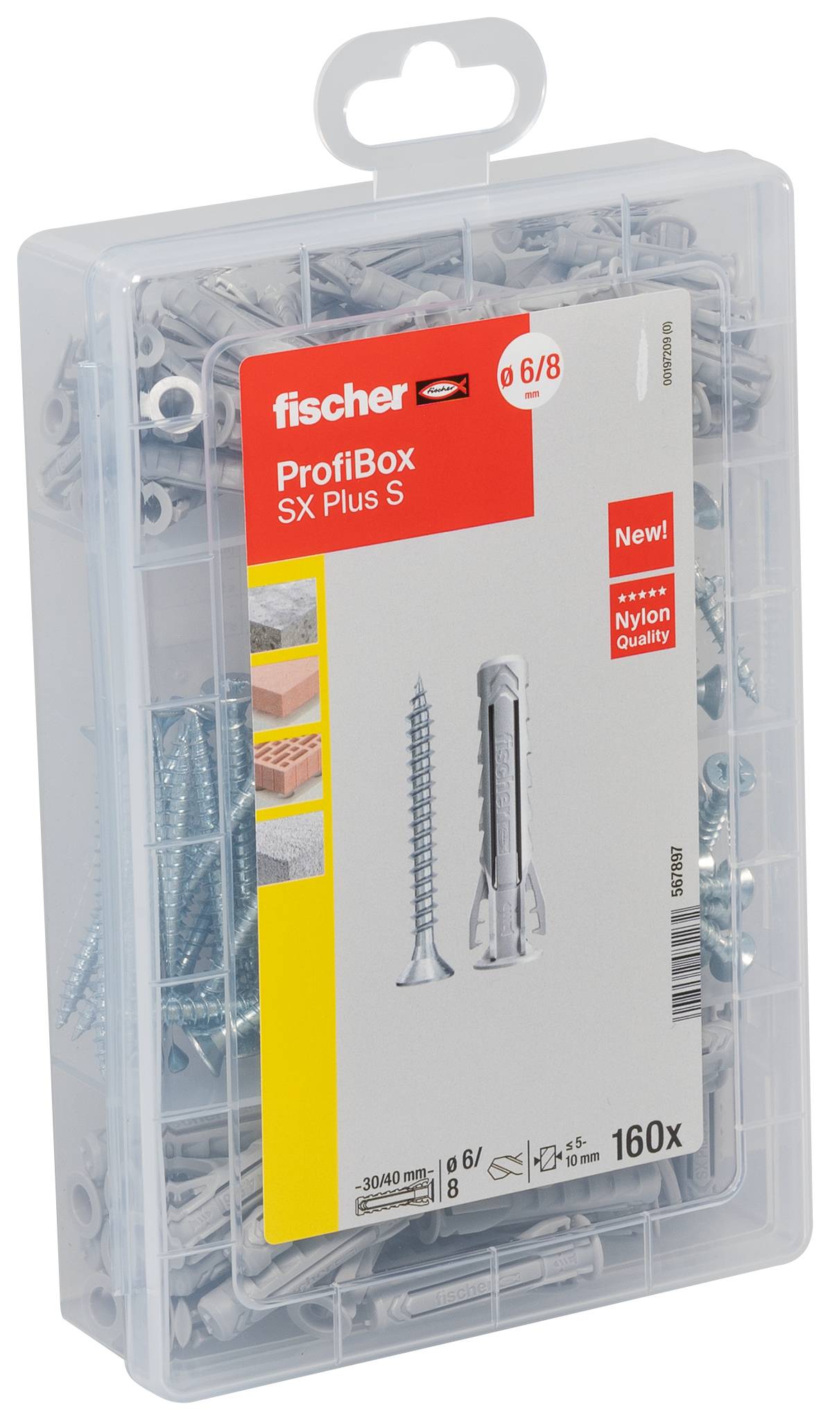 Prostojna plastična škatla Fischer ProfiBox SX Plus S stenskih vložkov in vijakov, označena z '6/8' in '160x' za pritrdilni material.