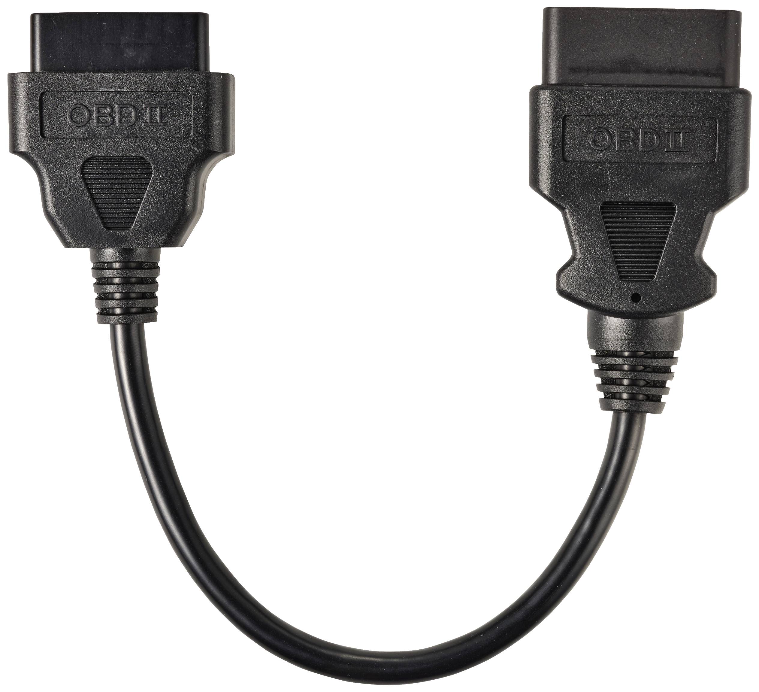 Črn OBD-II diagnostični kabel s pravokotnimi priključki na obeh koncih, uporabljen za diagnostiko vozil.