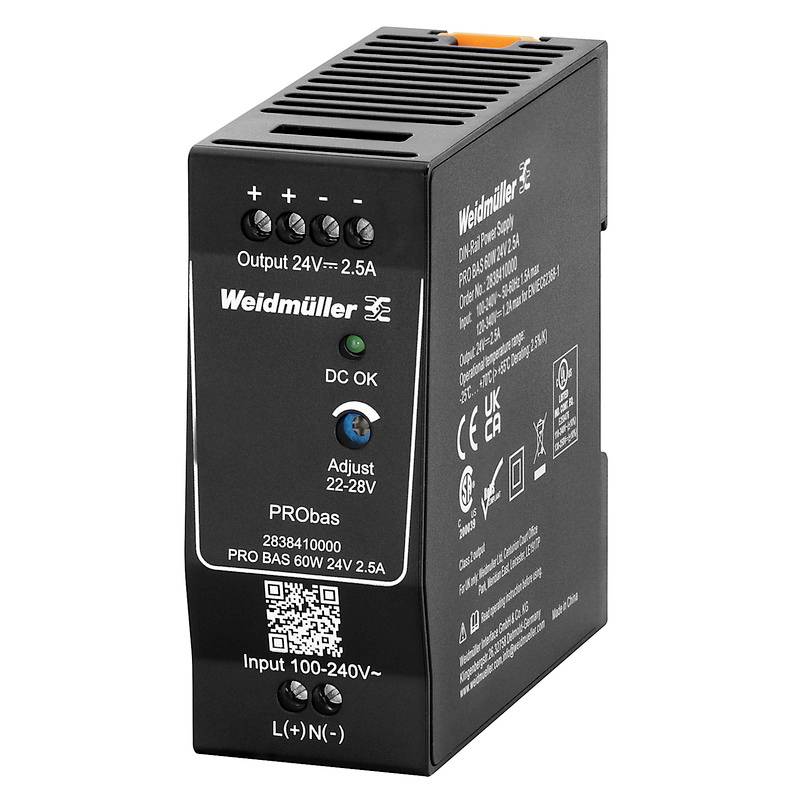Črn Weidmüller PRObas napajalnik s priključki zgoraj. Oznaka prikazuje 'Izhod 24V 2,5A', 'Vhod 100-240V', modelno številko.