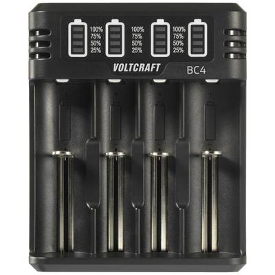 Polnilnik s štirimi režami za baterije AA. LED-lučke prikazujejo status polnjenja v odstotkih: 100 %, 75 %, 50 %, 25 %. Oznaka: 'VOLTCRAFT BC4'.