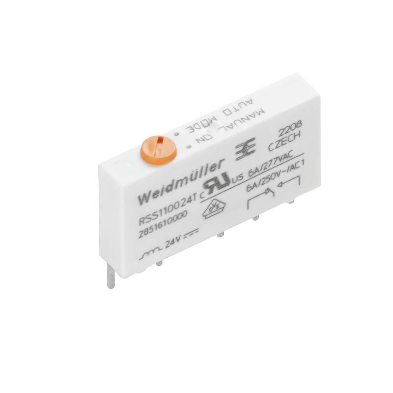 Weidmüllerjev rele z oranžnim stikalom, model 2881500011. Prikazuje tehnične specifikacije, kot so 6A/250V AC.