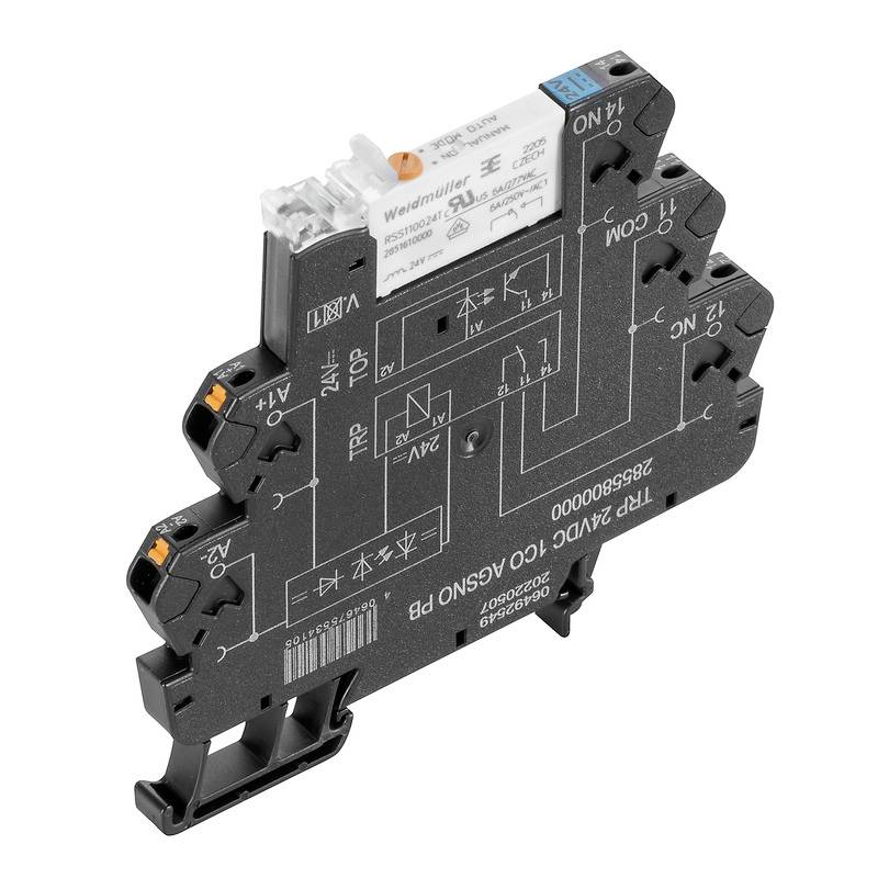 Ozek elektronski element za montažo v elektro omarici, opremljen z oznakami za krmilne funkcije in priključnimi sponkami.