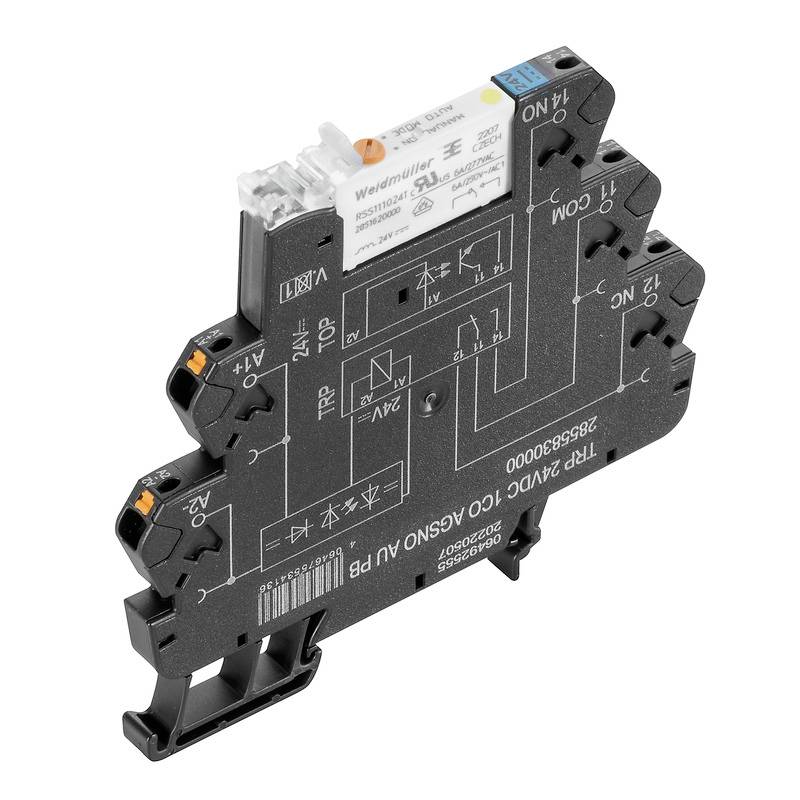 Weidmüller relejski modul z natisnjenimi stikalnimi simboli in specifikacijami, primeren za električne krmilne sisteme v elektrorazdelilnih omaricah.