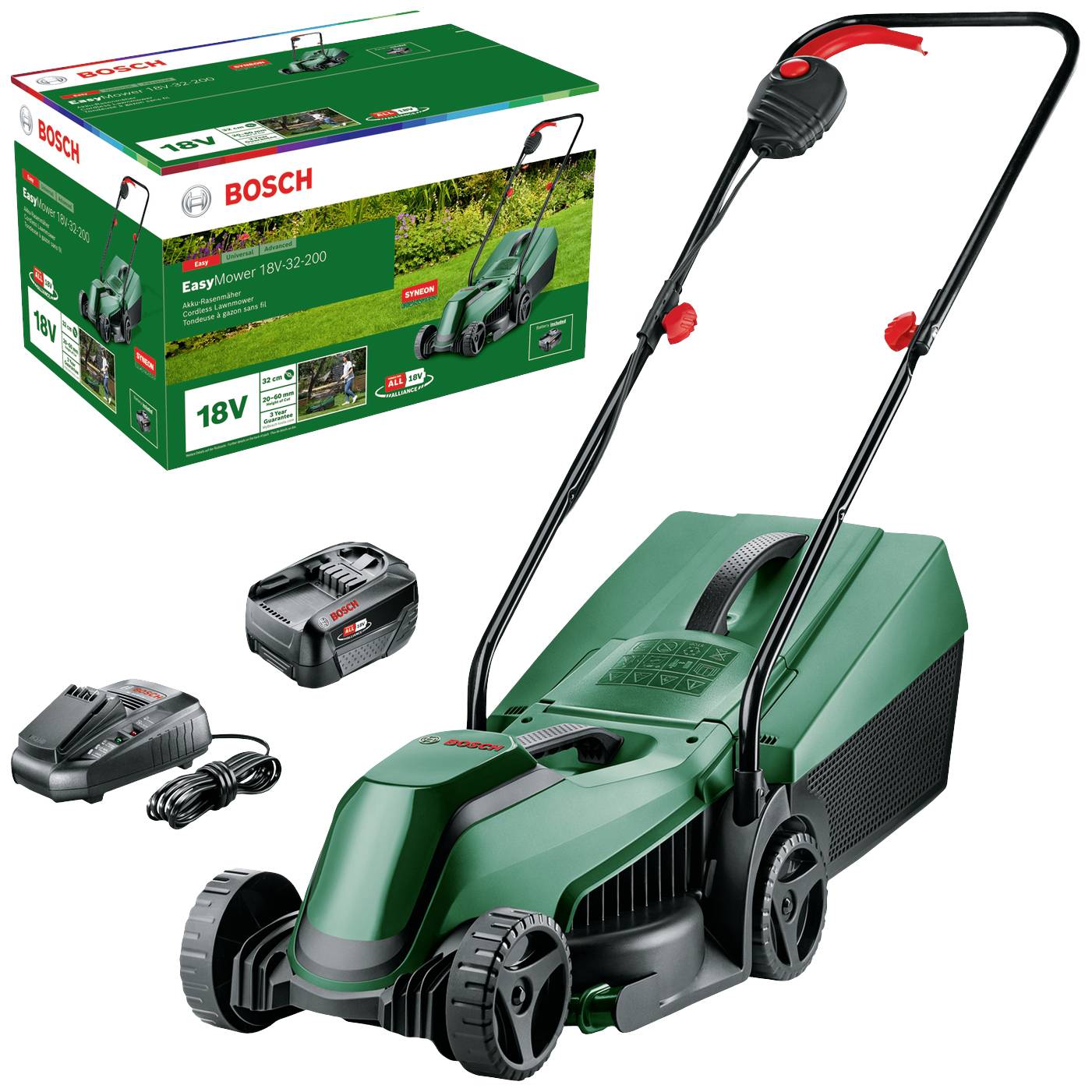 Zelen akumulatorski kosilnik Bosch z polnilcem in baterijo, model 'EasyMower 18V-32-200'. Embalaža v ozadju. Idealen za male vrtove.