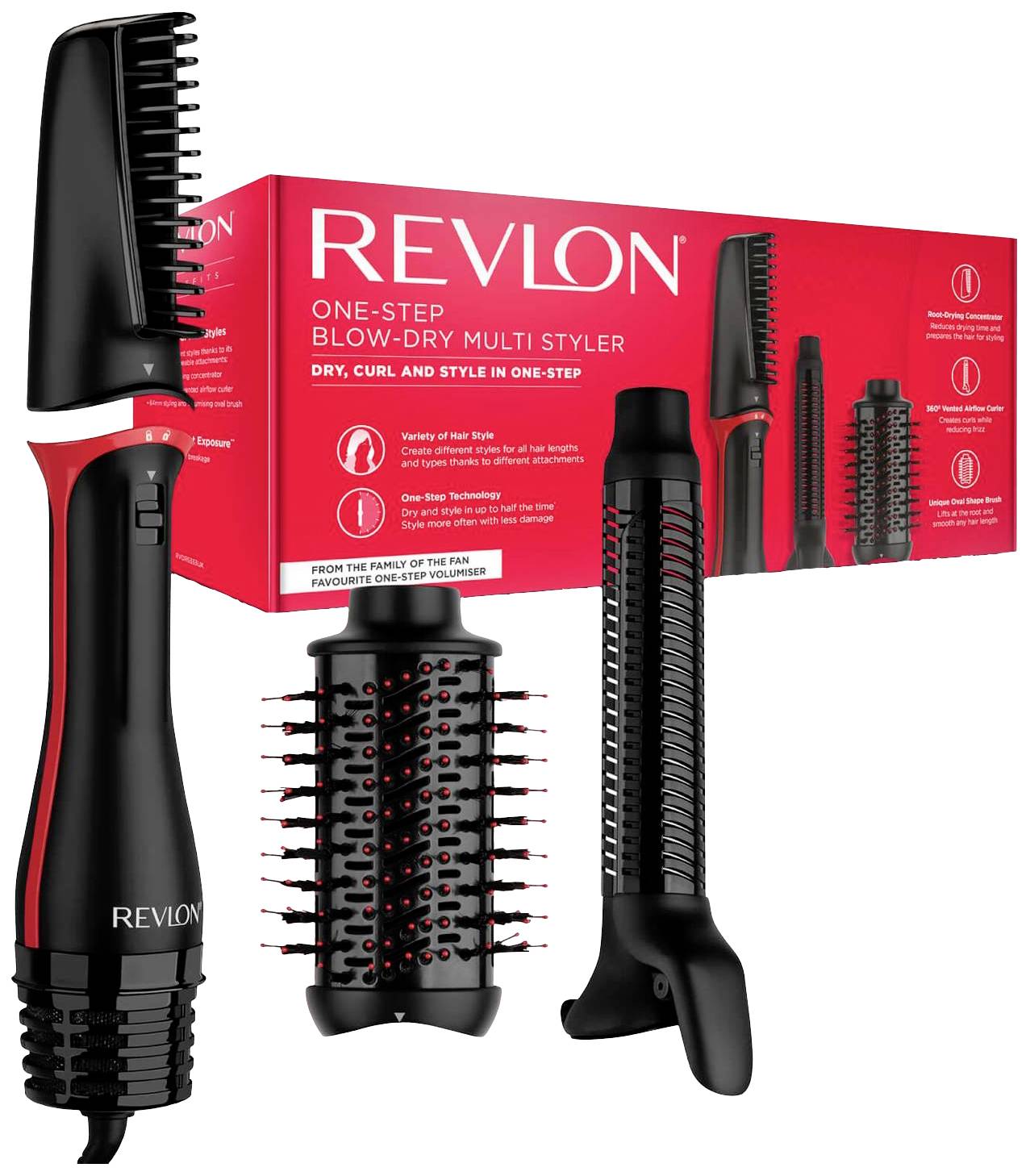 Revlon One-Step Hair Styler: Paket prikazuje sušilnik las z različnimi nastavki za sušenje, kodranje in styling v enem koraku.