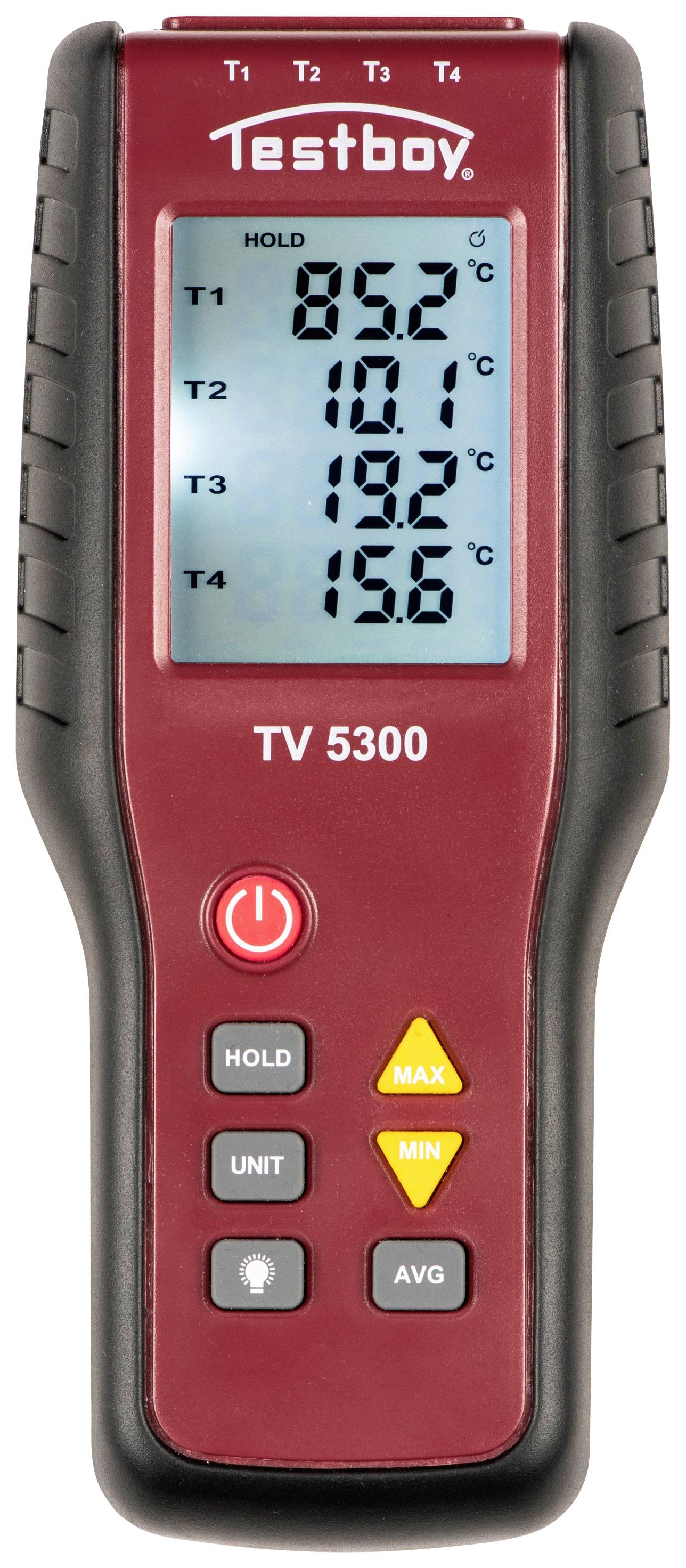 Rdeč digitalni termometer s štirimi temperaturnimi kazalniki (T1 do T4) prikazuje temperature v stopinjah Celzija.