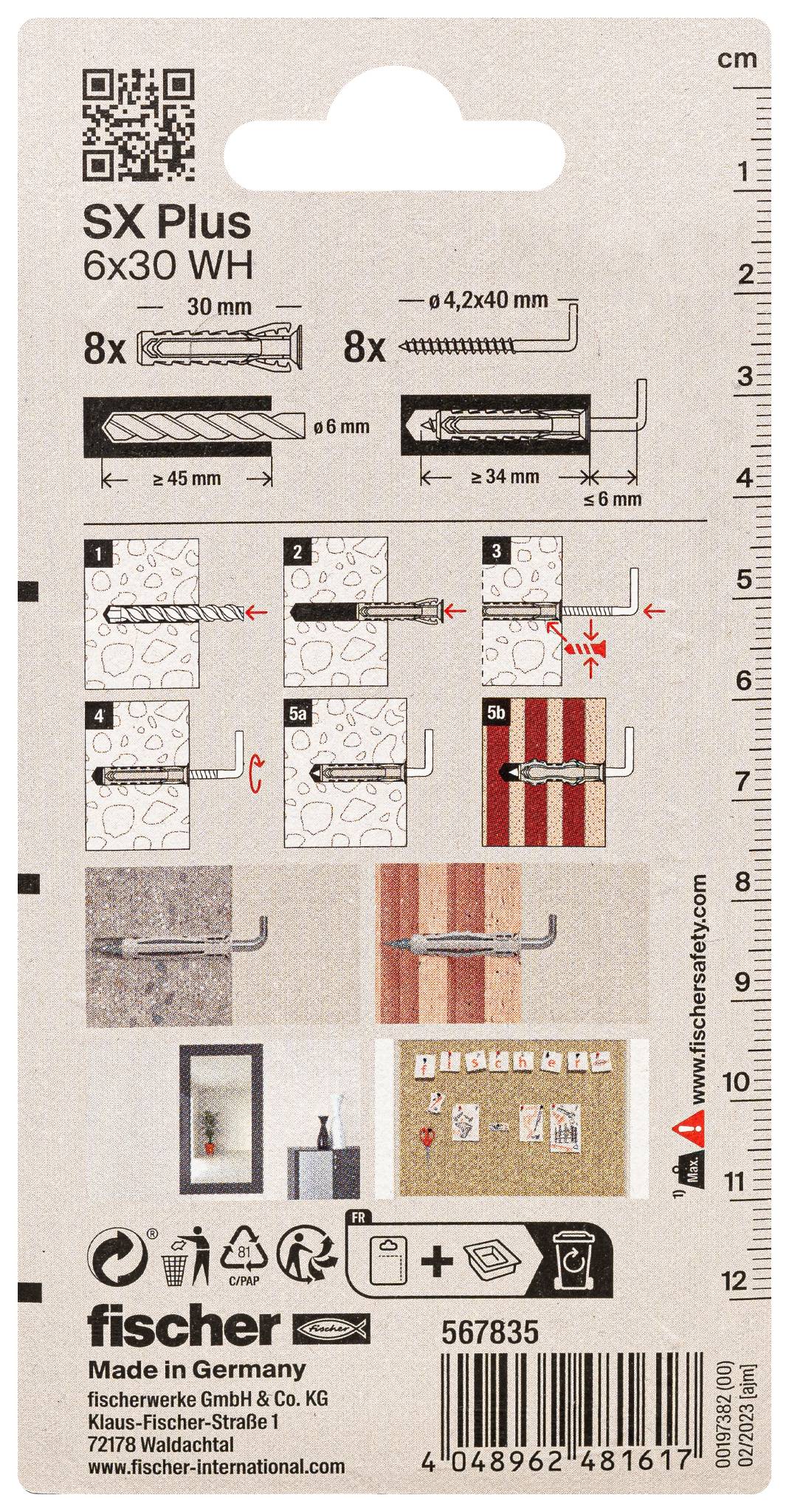 Zadnja stran embalaže sistema za vijake prikazuje navodila za vrtanje in pritrjevanje na stene, z ilustracijami in merskimi podatki.