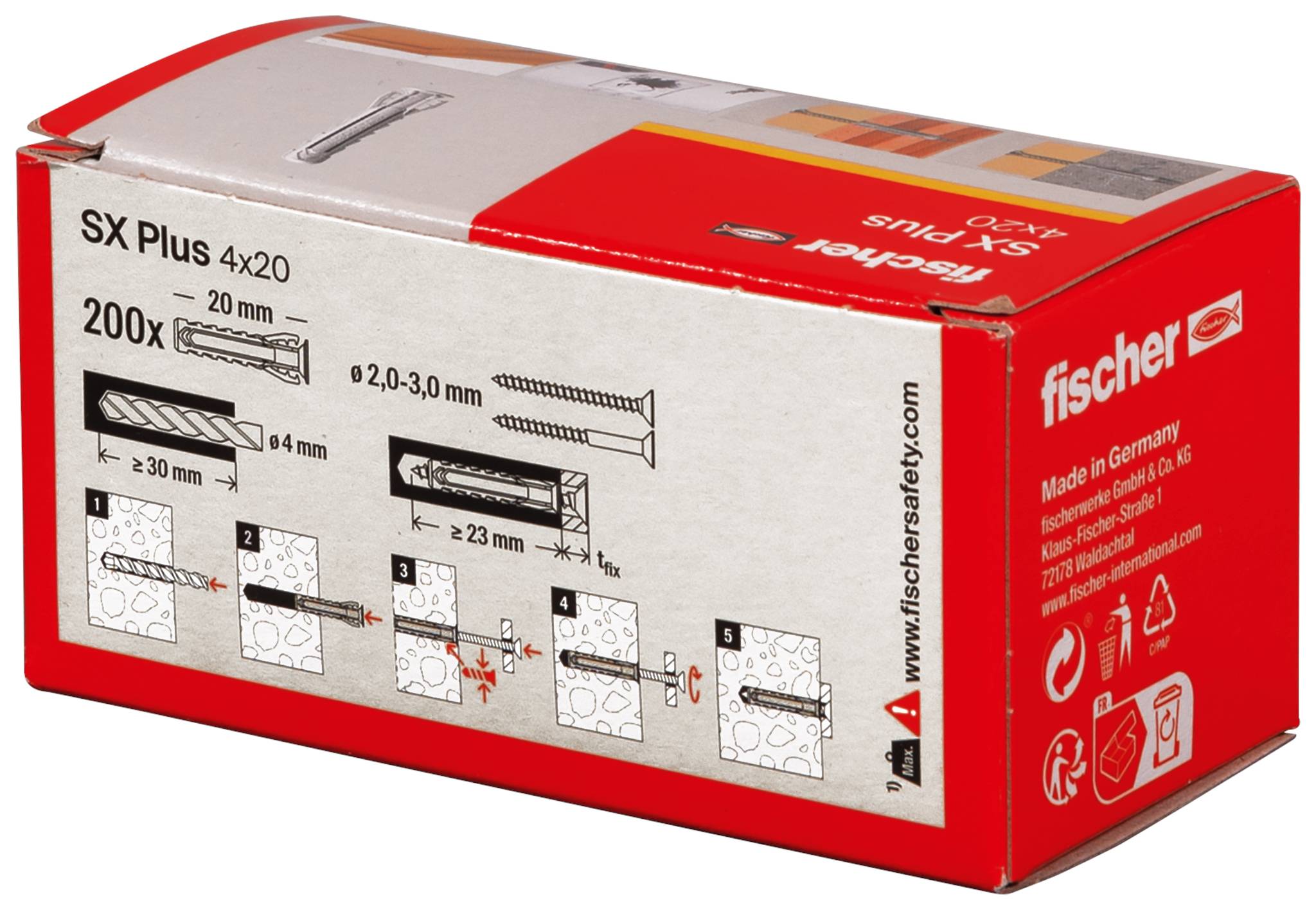 Rdeča embalaža blagovne znamke Fischer s 200 vložki, velikosti 4x20 mm, primerna za različne materiale, kot so beton, opeka in les.