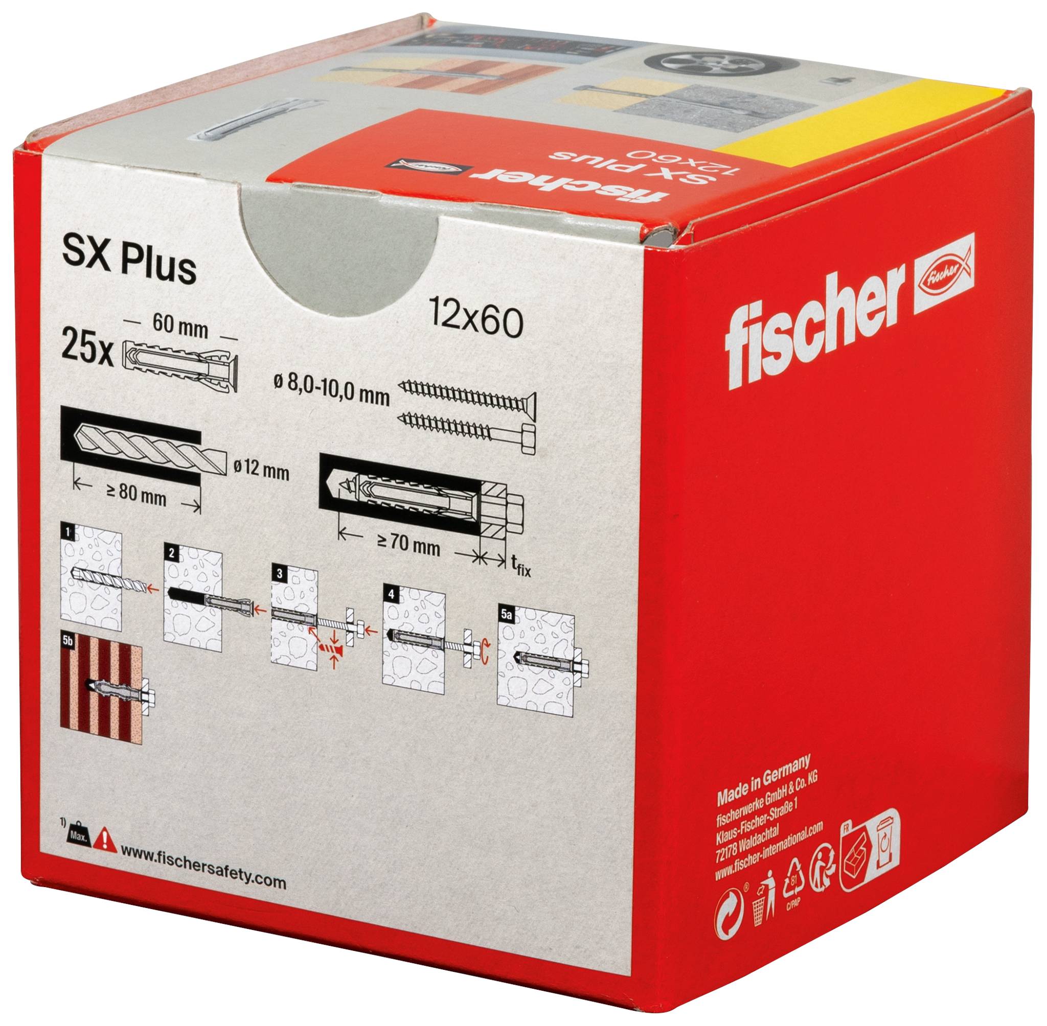 Rdeča embalaža s sivimi vložki znamke 'fischer', model 'SX Plus 12x60'. Besedilo: 'Novo! Najlon kakovost', '25x', slika vložkov.