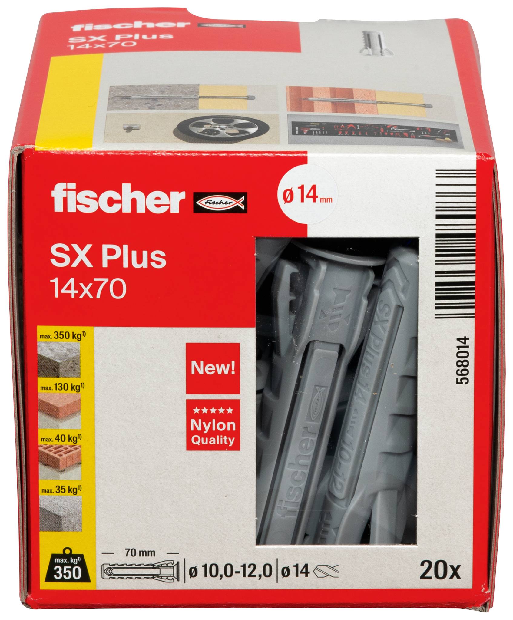 Embalaža z napisom 'fischer SX Plus 14x70' prikazuje različne možnosti uporabe sider, vsebuje pa 20 kosov.