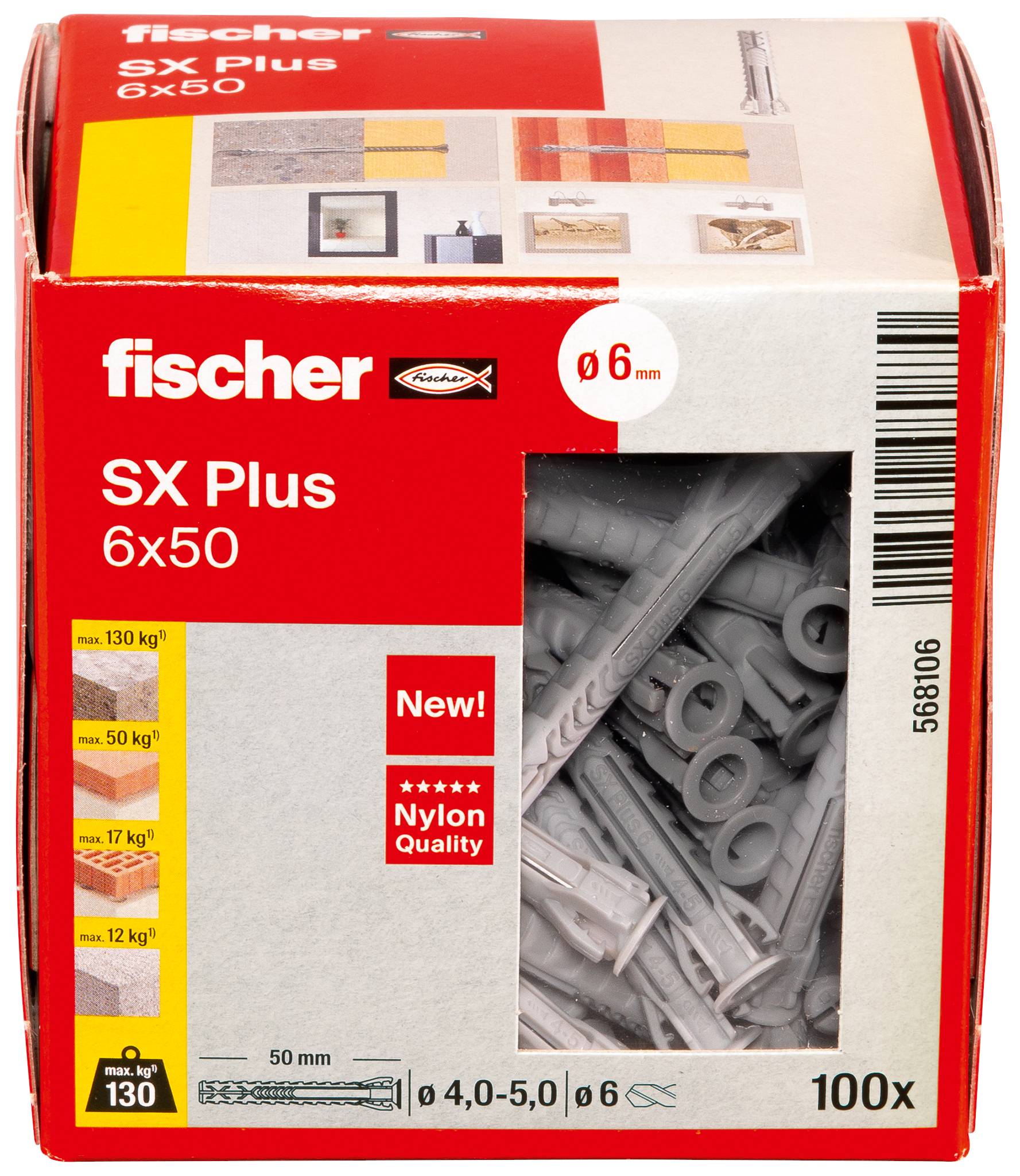 Škatla s 100 Fischer SX Plus vložki 6x50 mm, prikazuje navodila za uporabo in montažne grafike za različne materiale sten.