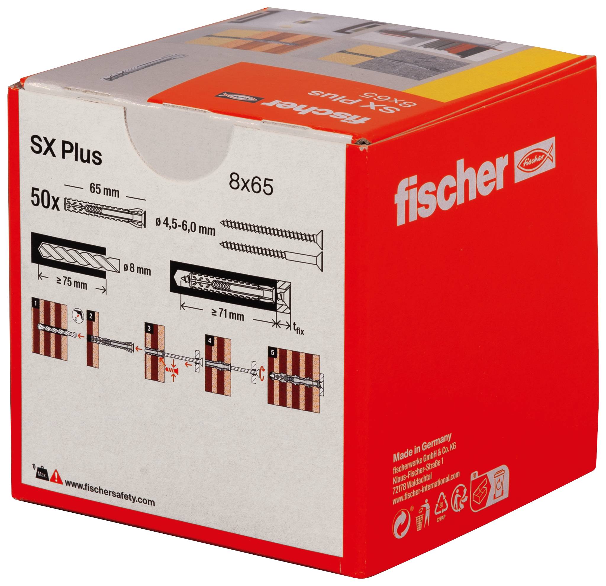 Embalaža vijakov Fischer SX Plus 8x65. Napis na embalaži: 'Novo! Kakovost najlona'. Prikazuje vijake in grafične podatke o nosilnosti za različne materiale.