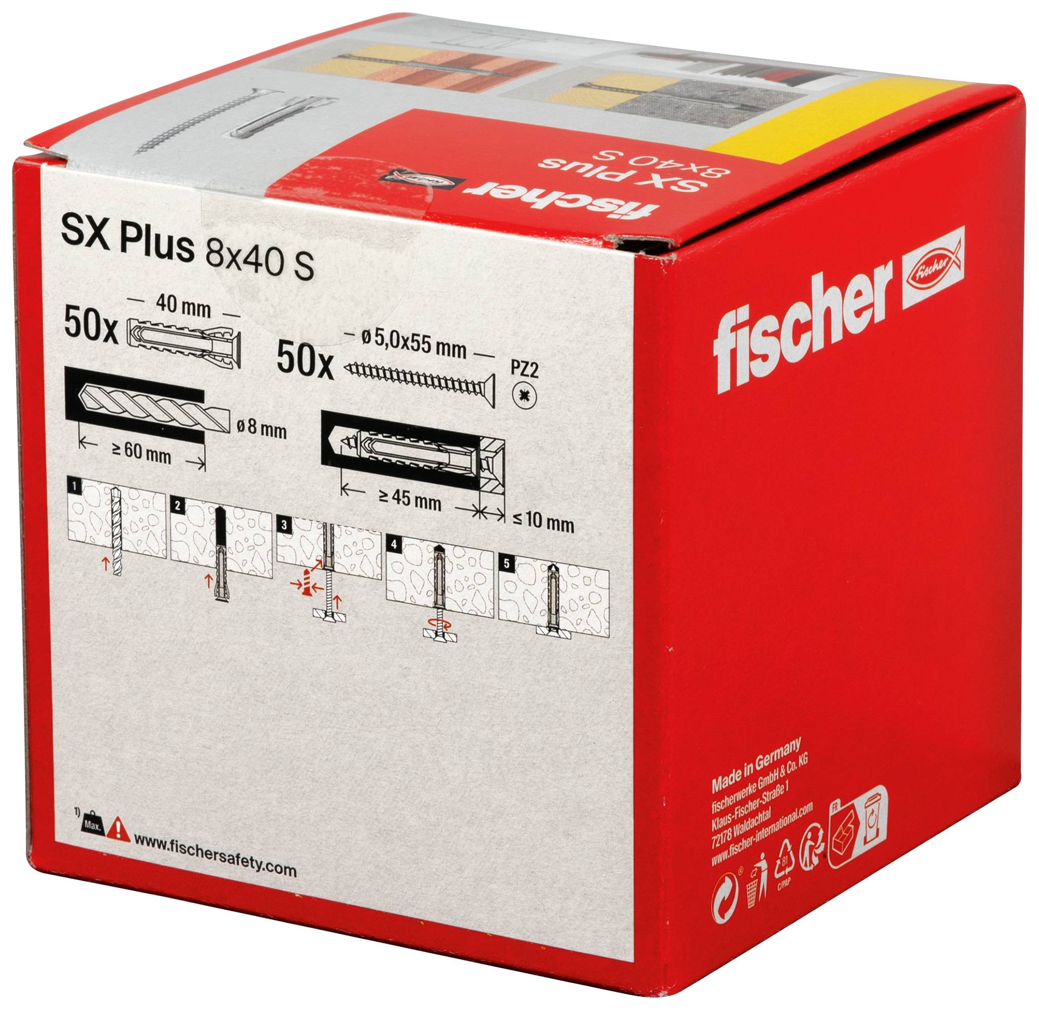 Embalaža vložkov Fischer SX Plus 8x40 S s 50 kosi, prikazana z vrednostmi pritrjevanja in navodili o kakovosti najlona.