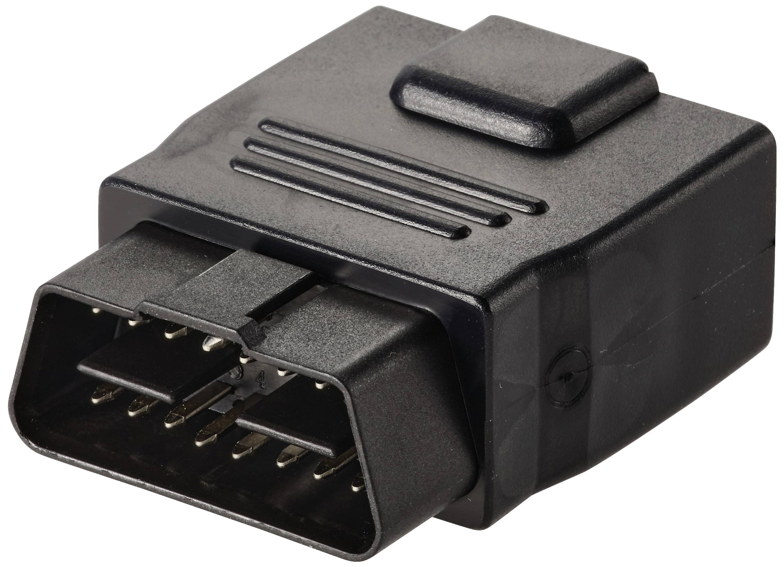 Črn OBD-vtičnik za diagnostiko vozila, pravokoten, z izstopajočimi kovinskimi priključki, na beli podlagi.