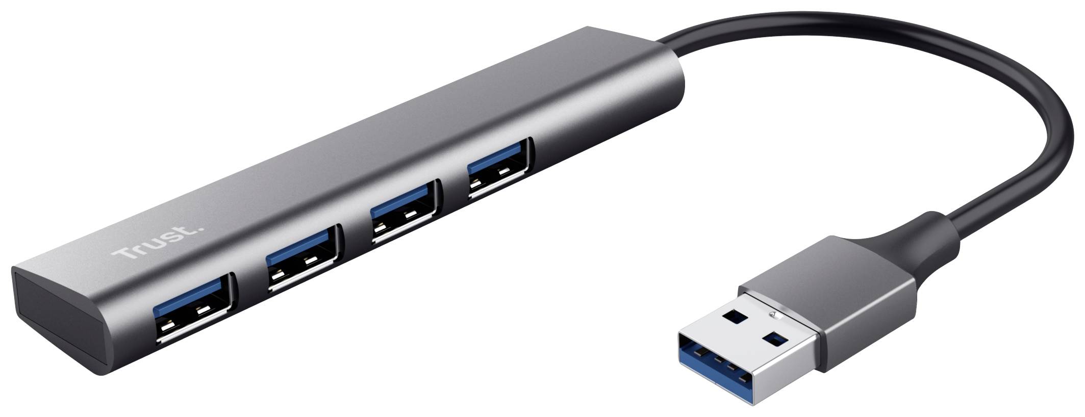 USB razdelilec s štirimi USB 3.0 priključki in kratkim kablom. Razdelilec je ozek in primeren za povezavo z več napravami.