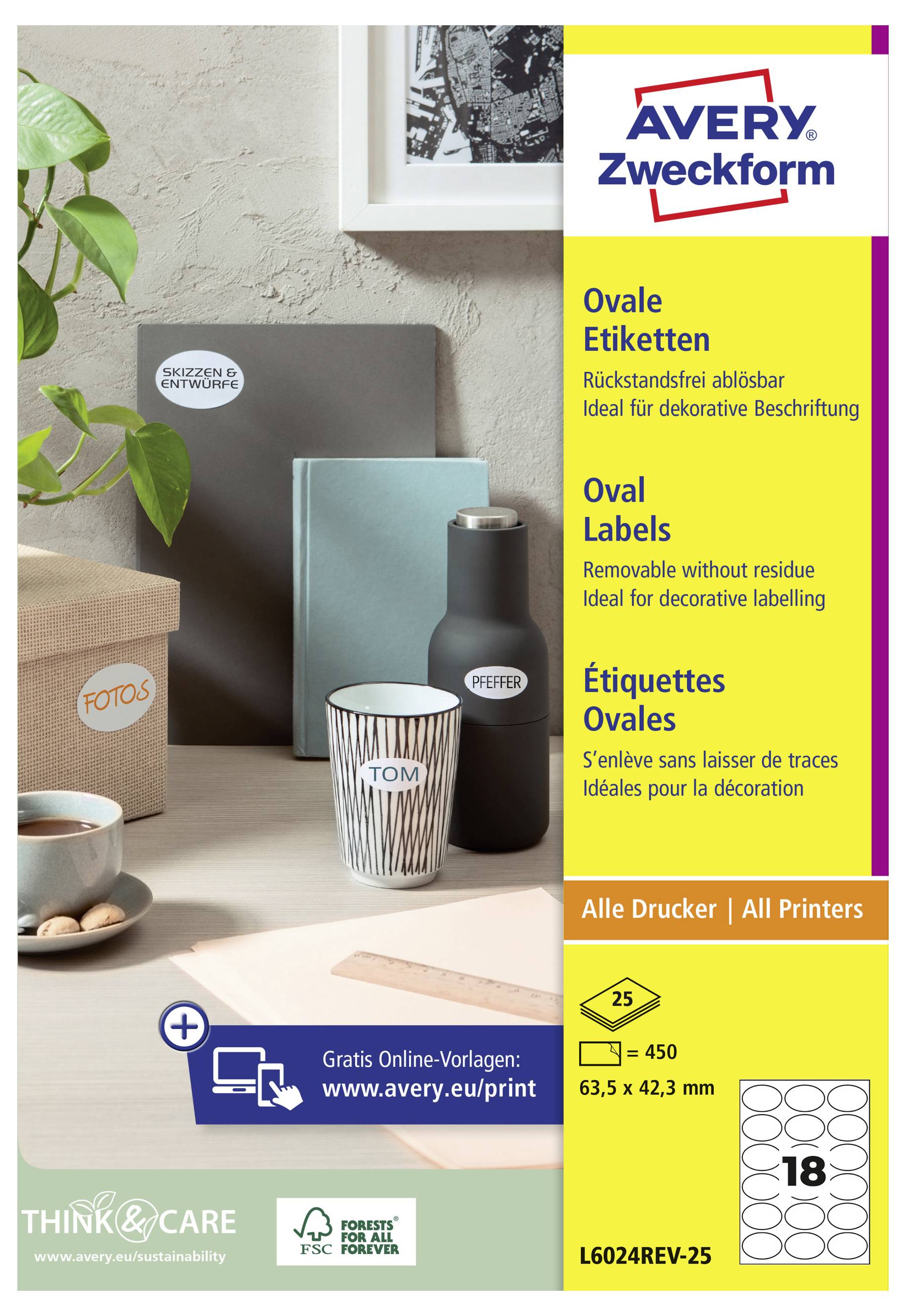 Ambalažo izdelka Avery Zweckform ovalni nalepki, prikazujoče odstranljive nalepke za vse tiskalnike, velikosti 63,5 x 42,3 mm, 18 nalepk na list.