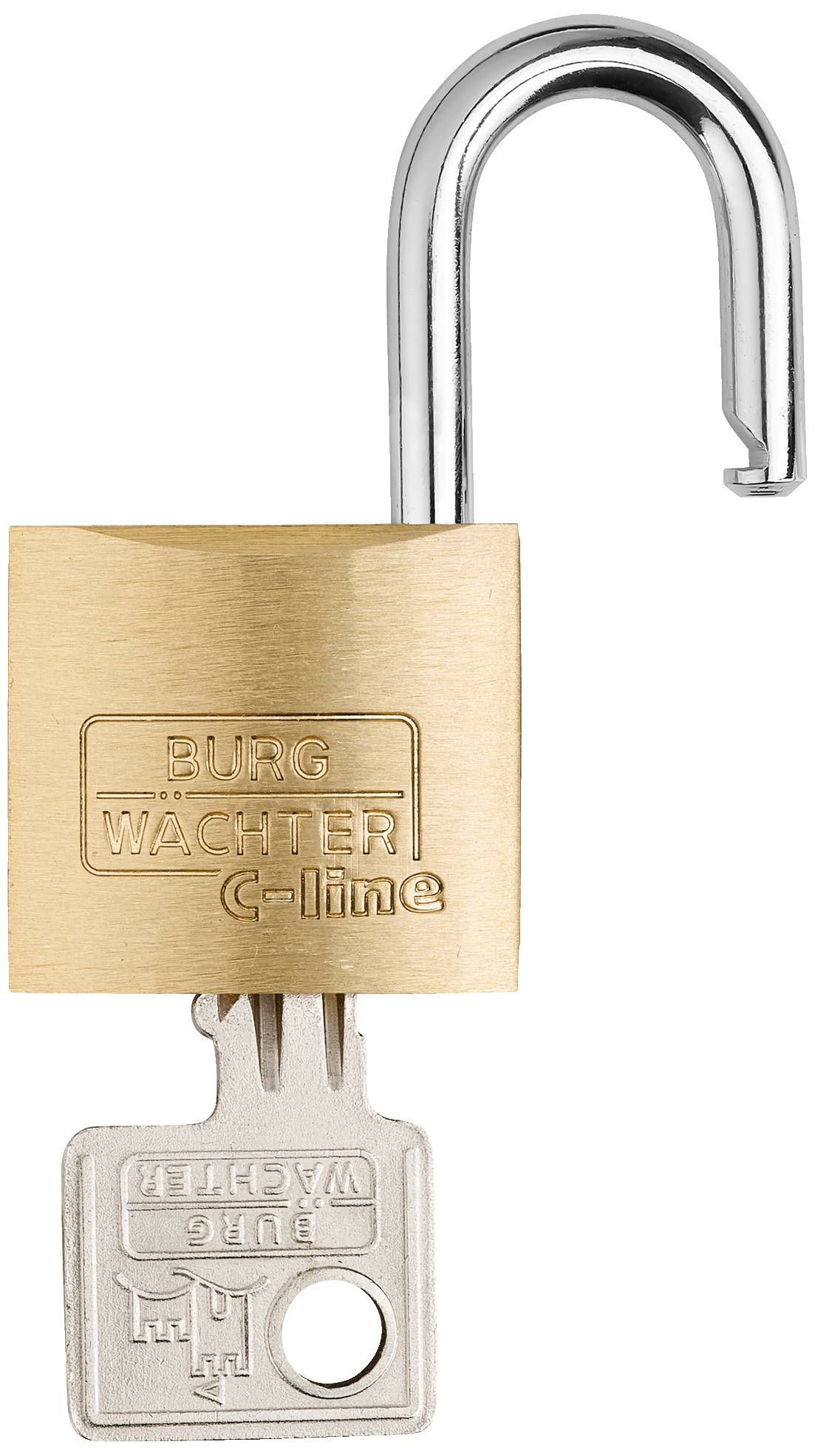 Odprto viseče geslo z vstavljenim ključem. Na ključavnici je vgraviran napis 'BURG WACHTER C-line'.