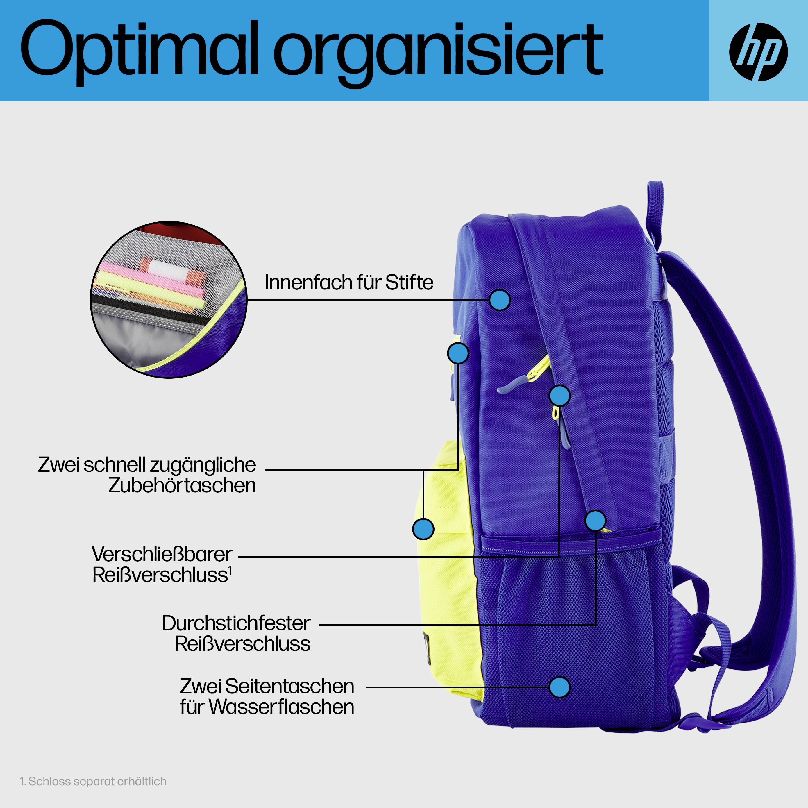 Vijolična nahrbtnik z napisi: 'Optimalno organizirano'. Lastnosti: žep za pisala, zadrga, stranske žepe za steklenice.