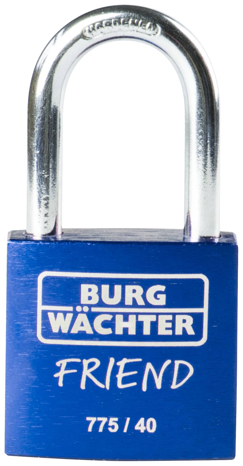 Modra viseča ključavnica z napisom 'BURG WÄCHTER FRIEND 775/40'.