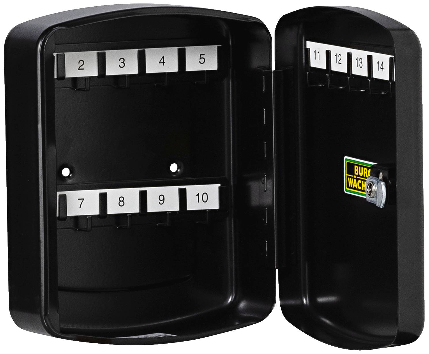 Črna omarica za ključe z odprtimi vratci, z oštevilčenimi kljukicami od 1 do 12 za shranjevanje ključev.