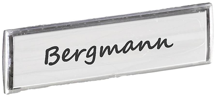 Ščitnik z imenom 'Bergmann' v črni pisavi na beli podlagi.