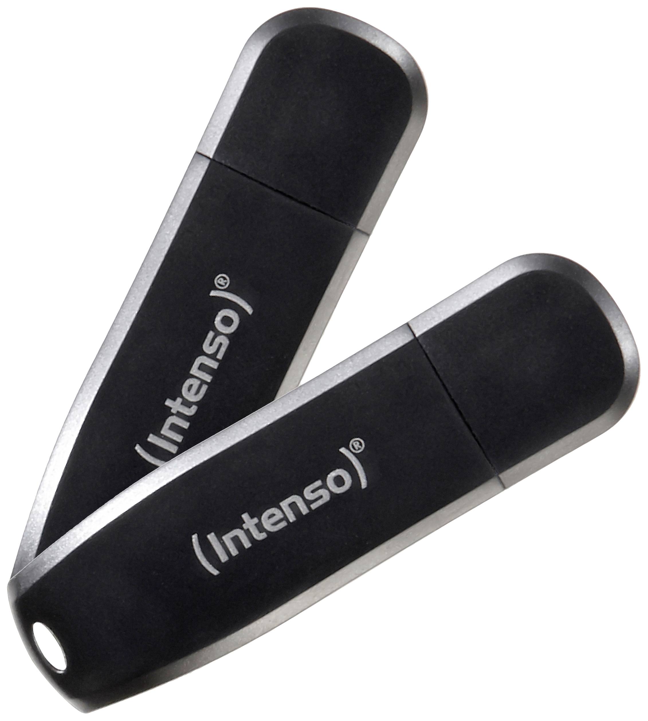 Dva črna USB ključka znamke Intenso ležita križno čez.