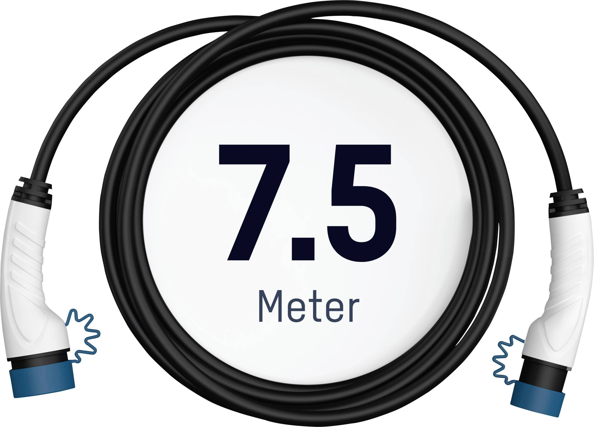 Dolg črn kabel z dvema belima vtičema na konceh. Besedilo na sredini: '7,5 metra'.