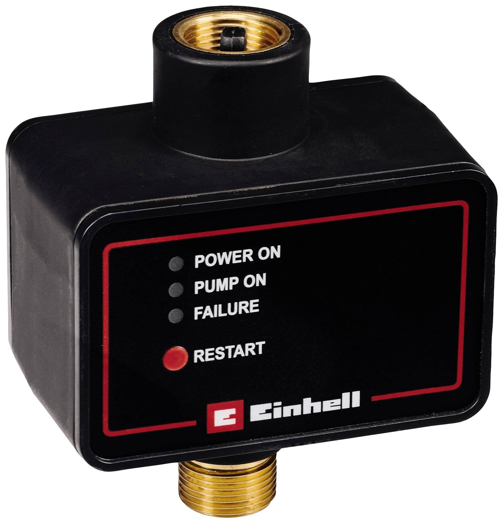 Črn gumb z indikatorji: 'Vklop', 'Črpalka vklopljena', 'Napaka' in svetlečim gumbom 'Ponovni zagon' znamke Einhell.