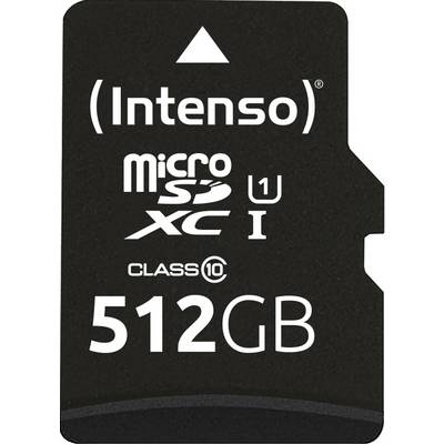 Mikro SD kartica znamke Intenso s 512 GB pomnilniško kapaciteto, razred 10, UHS hitrostni razred 1, primerna za hitro prenos podatkov.