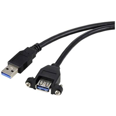 Črn USB 3.0 podaljševalni kabel z USB vtičem in USB priključkom, primeren za prenos podatkov in priključitev naprav.